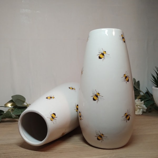 vase bee white flower pot vase flower vase bee vase bee print pottery ceramic vase x2