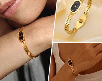 Women Fashion Stainless Steel Watch Shaped Cuff Bangle, Gold Color Metal Bracelets, Elegant Lady Wristband Jewelry Gift To Girls
