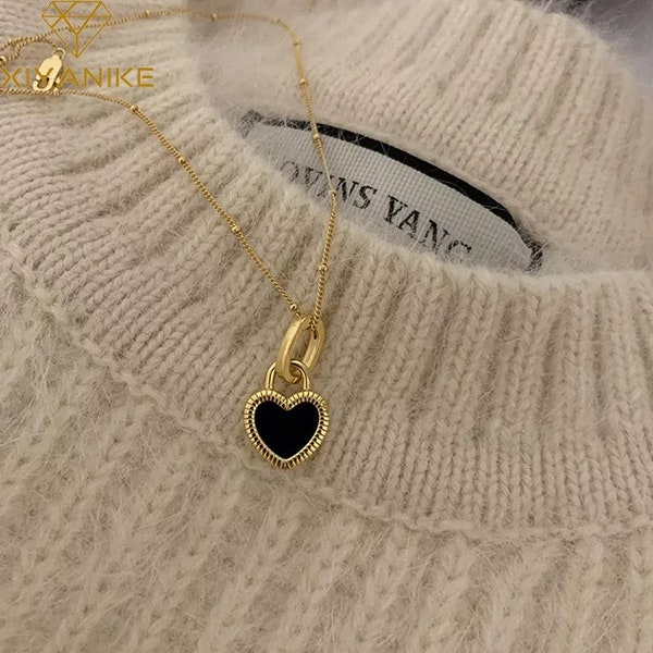 Vintage Double Sided Heart Pendant Necklace For Women Girl Clavicle Chain Choker New Fashion Trendy Jewelry Gift Party