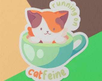 Running on Catfeine Sticker | Cute Vinyl Sticker | Coffee Addicts | Funny Laptop Decal | Coffee Cat Sticker | Cute Cat Stationery
