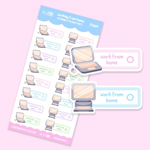 May include: A sheet of planner stickers with a light blue background. The stickers feature laptop and desktop computer illustrations with the text "work from home". The stickers are in pastel colours.