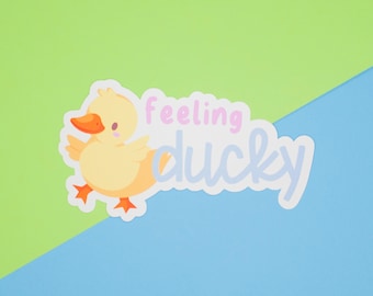 May include: A white sticker with a yellow duck cartoon and the text "feeling ducky" in pink and blue lettering.