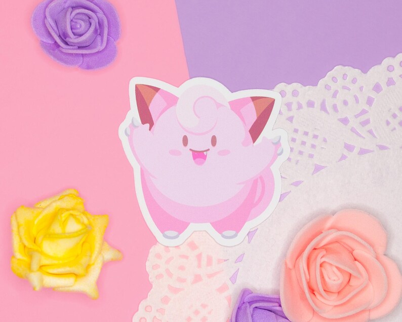 A kawaii sticker displayed on a pink and purple background.