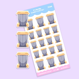 Op de afbeelding: Een vel plannerstickers met cartoon vuilnisbakken met gele wielen en deksels. De stickers zijn grijs met gele accenten en zijn voorzien van het label "It's bin day". Het vel ligt op een lichtpaarse achtergrond.