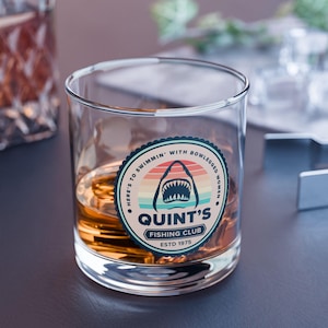 Jaws, Quint&#39;s Fishing Club - 10oz Rocks Glass,  Glassware,  Barware, Classic Horror, Creature Feature, Shark Week, Horror Gift