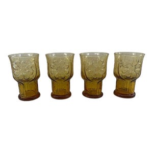 4-Piece 1970s Country Garden Libbey 4&quot; Juice Glasses Amber Gold Daisy Flower Vintage