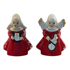 Set of 2 1950s Christmas Ceramic Angel Figurines Music Violin Harp Kitsch DAMAGED VTG