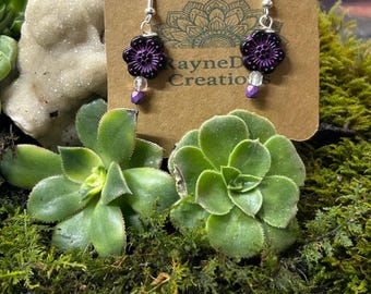 Czech Glass flower purple dangle Earrings. Artisan Boho