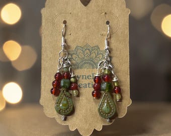 Boho Earrings. Artisan green orange tourmaline, carnelian, garnet