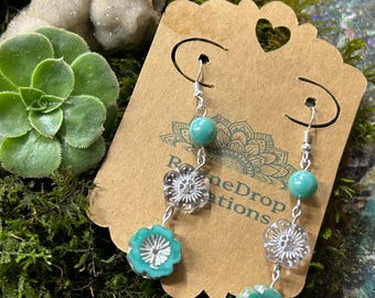 Czech Glass flower teal dangle Earrings. Artisan Boho