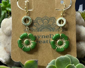 Boho Earrings.dark Green flower Czech Glass Earings. Artisan