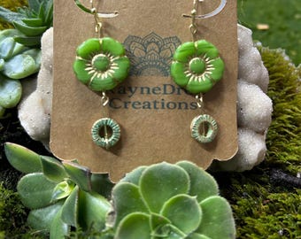 Boho Earrings.light Green flower Czech Glass Earings. Artisan