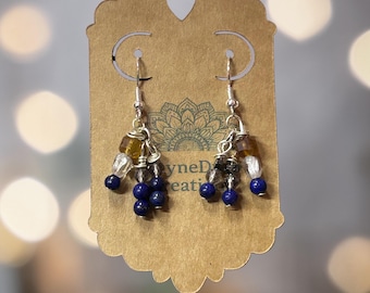 Boho Earrings. Artisan blue yellow tourmaline, lapis lazuli