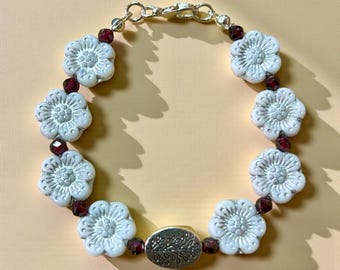 Garnet and white Czech glass Flower Bracelet, sterling silver