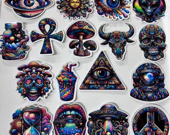 Psychedelic Sticker Pack: Trippy Alien, Mushroom, Galaxy Vinyl Decals - 17 Waterproof Stickers