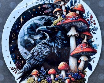 Silent Sentinel (Raven, Mushrooms & Moon) Stickers (waterproof) 9 stickers