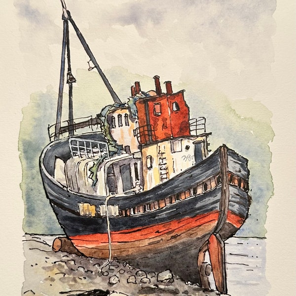 Dessin original à l'encre et à l'aquarelle - bateau abandonné rouge, 20 x 20 cm