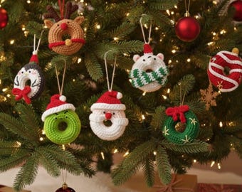 Digital Crochet Pattern (PDF) - Christmas Donut Ornaments Amigurumi - Santa, Reindeer, Penguin - DIY Holiday Decor