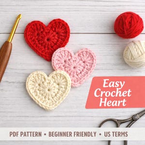 Easy Crochet Heart Pattern PDF, Small Heart Applique Tutorial for Beginners, Valentine's Day Decor, Instant Download DIY Heart Garland