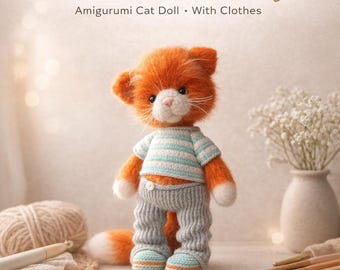 Crochet Cat Doll Pattern, Amigurumi Kitten with Clothes, PDF