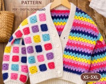 Grandma Square Strickjacke Häkelanleitung – PDF Download – Boho Pullover DIY (XS–3XL)