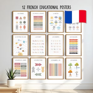Op de afbeelding: Twaalf kleurrijke educatieve posters in het Frans voor kinderen. De posters behandelen onderwerpen zoals vormen, dagen van de week, weer, het zonnestelsel, het alfabet, getallen, kleuren, maanden van het jaar, richtingen en seizoenen.