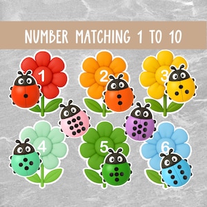 Ladybug Number Matching Activity – Count the Dots & Match to Flowers – Preschool Math Game – Early Learning Printable – Digital Download