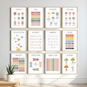 Juego de 12 carteles educativos, impresiones para la educación en el hogar, decoración de aulas Montessori, arte para salas de juegos para niños pequeños, arte de pared para guardería con estilo bohemio neutro