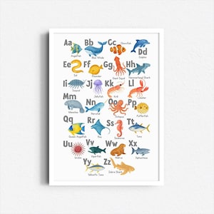 Sea Animal Alphabet Print, Ocean ABC Poster for Kids, Underwater Nursery Wall Art, Educational Digital Download