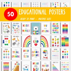 Set von 50 Lernpostern, Homeschool Poster, helle Kinderdekor, Montessori-Klassenzimmerdekor, Kleinkind-Spielzimmerdekor, digitale Dateien