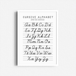 Tabla de escritura cursiva / Póster imprimible del alfabeto / Herramienta de aprendizaje en casa / Práctica de escritura a mano para niños / Arte mural educativo