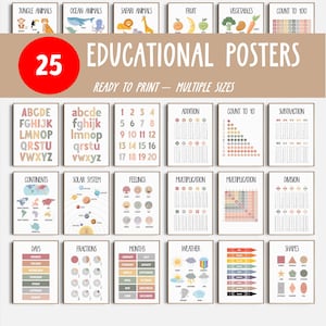Posters éducatifs, 25 impressions pour l'école à la maison, décoration de salle de classe Montessori, chambre d'enfant neutre, impression d'art mural salle de jeux bohème