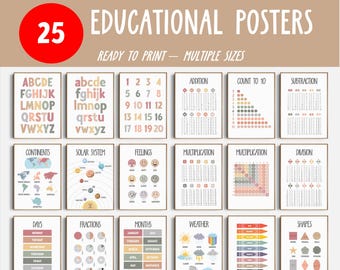 Impressions d'apprentissage pour l'école à la maison : affiches éducatives Montessori, décoration bohème neutre (téléchargement numérique)