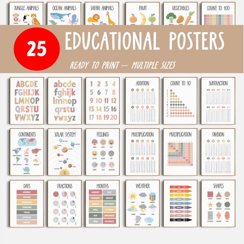 Educational Posters, 25 Homeschool Prints, Montessori Classroom Decor