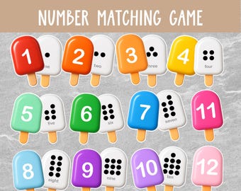 Pode incluir: Um jogo de correspondência de números colorido com cartões em forma de picolé. Cada picolé exibe um número de 1 a 12, juntamente com o número correspondente de pontos. O título do jogo, "NUMBER MATCHING GAME", é exibido no topo.