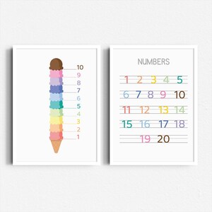 Tabla de números 123 / Números 1 al 20 imprimibles / Escritura a mano y arte mural educativo / Decoración de aulas Montessori