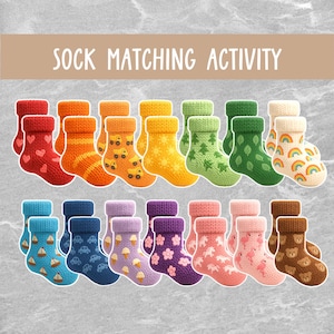 Könnte beinhalten: Socken-Matching-Aktivität mit 12 Paaren bunter Socken mit verschiedenen Mustern, darunter Herzen, Lastwagen, Blumen, Bäume, Blätter, Regenbögen, Eiswaffeln, Autos und Bären.
