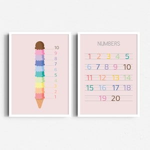Cuadro con el número 123, números del 1 al 20, materiales educativos imprimibles, cuadro con escritura a mano, decoración bohemia para el aula, póster para el aula Montessori