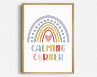 Calming Corner Poster, Rainbow Mindfulness Wall Art for Kids, Calm Down Space, Digital Download