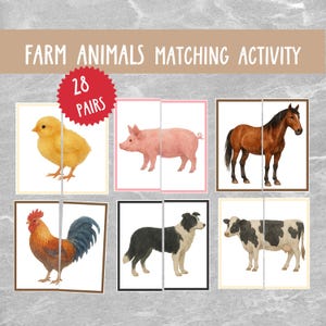 Jeu d'associations d'animaux de la ferme pour les enfants d'âge préscolaire – 28 cartes imprimables – Activité de mémoire pour les tout-petits – Apprentissage Montessori avec les animaux de la ferme – Téléchargement immédiat