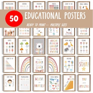 Set von Lernpostern, Home School Printables, 50 Stück, Alphabet Poster, Spielzimmer Drucke, Montessori Klassenzimmer Dekor
