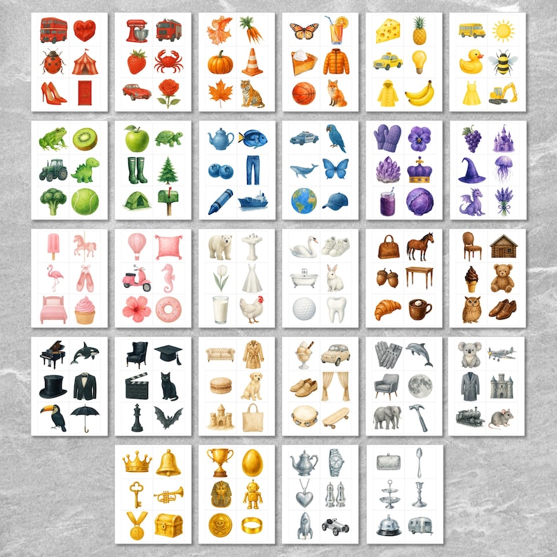 May include: A collection of 36 illustrated tiles featuring various objects and scenes. The tiles are arranged in a grid pattern and include images of animals, food, vehicles, and more.