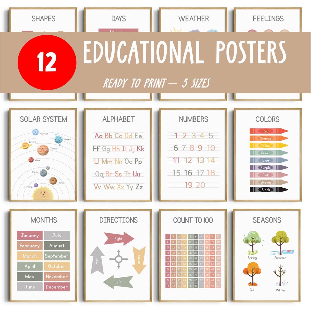 Educational Poster Set | 12 Homeschool Prints | Montessori & Playroom ...