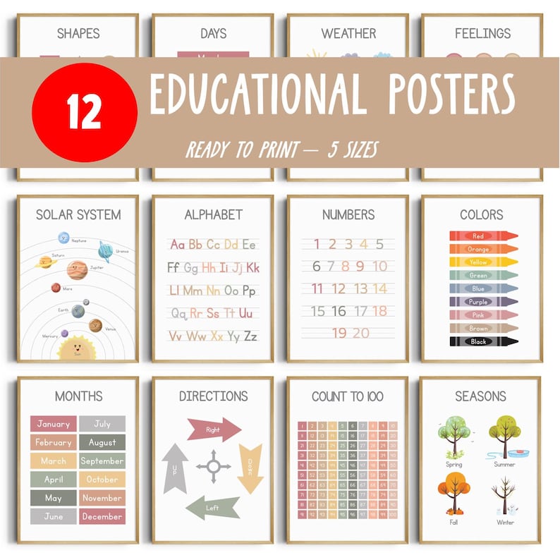 Educational Poster Set | 12 Homeschool Prints | Montessori & Playroom ...