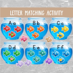 Atividade de correspondência do alfabeto de peixes – Combine letras maiúsculas, minúsculas e cartões de objetos – Jogo ABC pré-escolar – Aprendizagem precoce – Download digital