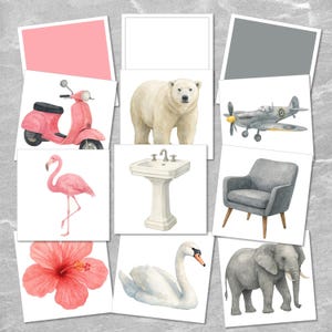 May include: A set of ten digital illustrations featuring various objects, including a pink scooter, a flamingo, a white swan, a gray armchair, a polar bear, a white porcelain sink, a gray elephant, a hibiscus flower, a gray airplane, and a pink rectangle.