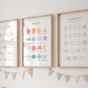 May include: Three framed educational posters with wooden frames. The posters display the alphabet, shapes, and numbers from zero to twenty. A banner of small triangular flags hangs below the posters.