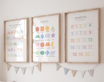 Pastel Alphabet, Numbers, Shapes Print Set: Educational Wall Art (Digital Download)
