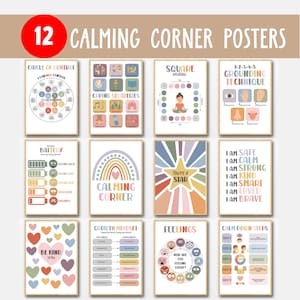 May include: A collection of 12 "Calming Corner" posters, each framed in wood, offering self-regulation strategies. Posters include "Circle of Control", "Coping Strategies", "Square Breathing", and "Grounding Technique".