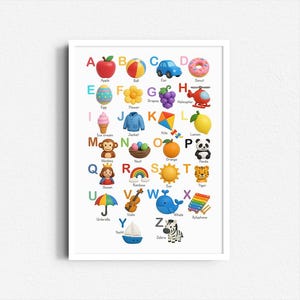 Puede incluir: Un gráfico de alfabeto colorido con ilustraciones para cada letra. Las ilustraciones son en 3D e incluyen objetos como una manzana, una pelota, un coche, una dona, un huevo, una flor, uvas, un helicóptero, un helado, una chaqueta, una cometa, un limón, un mono, un nido, una naranja, un panda, una reina, un arcoíris, el sol, un tigre, un paraguas, un violín, un yate, una ballena, un xilófono y una cebra.